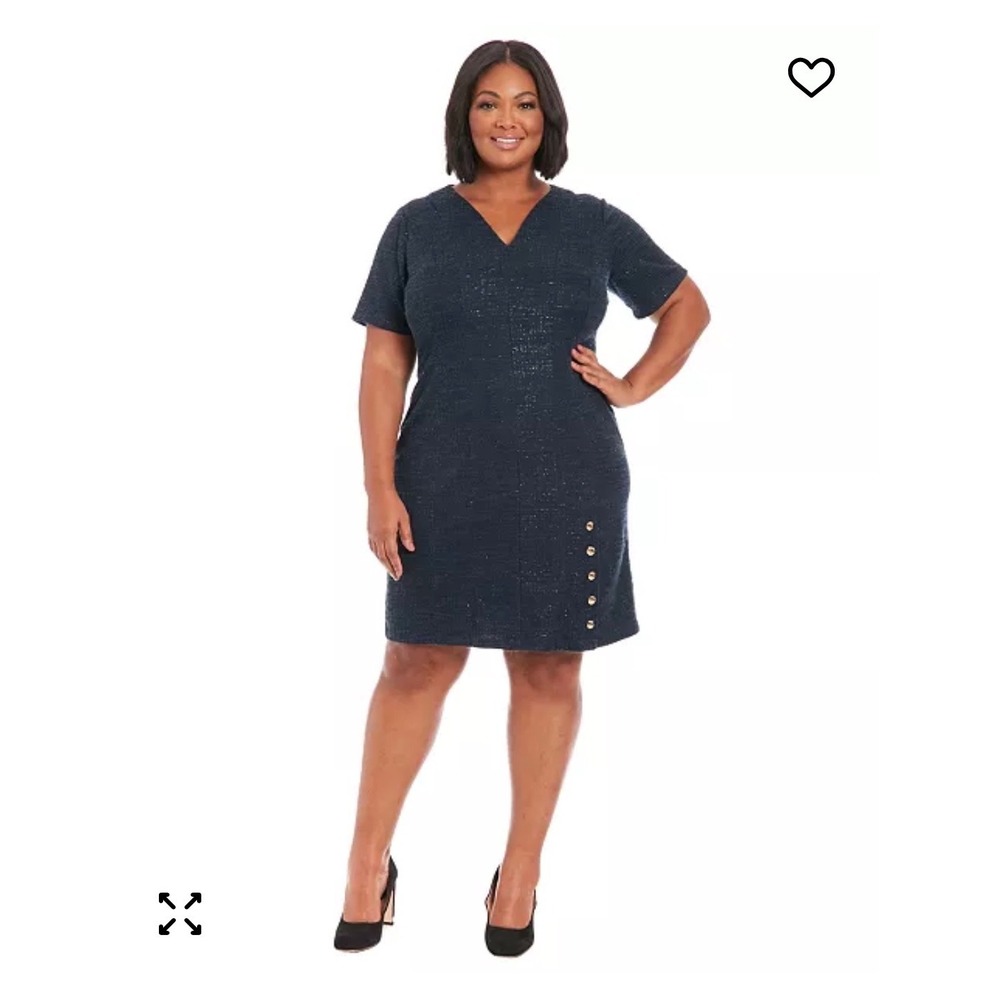 NWT London Times Navy Blue Textured Sheath Dress with Gold Button Detail Size 14
